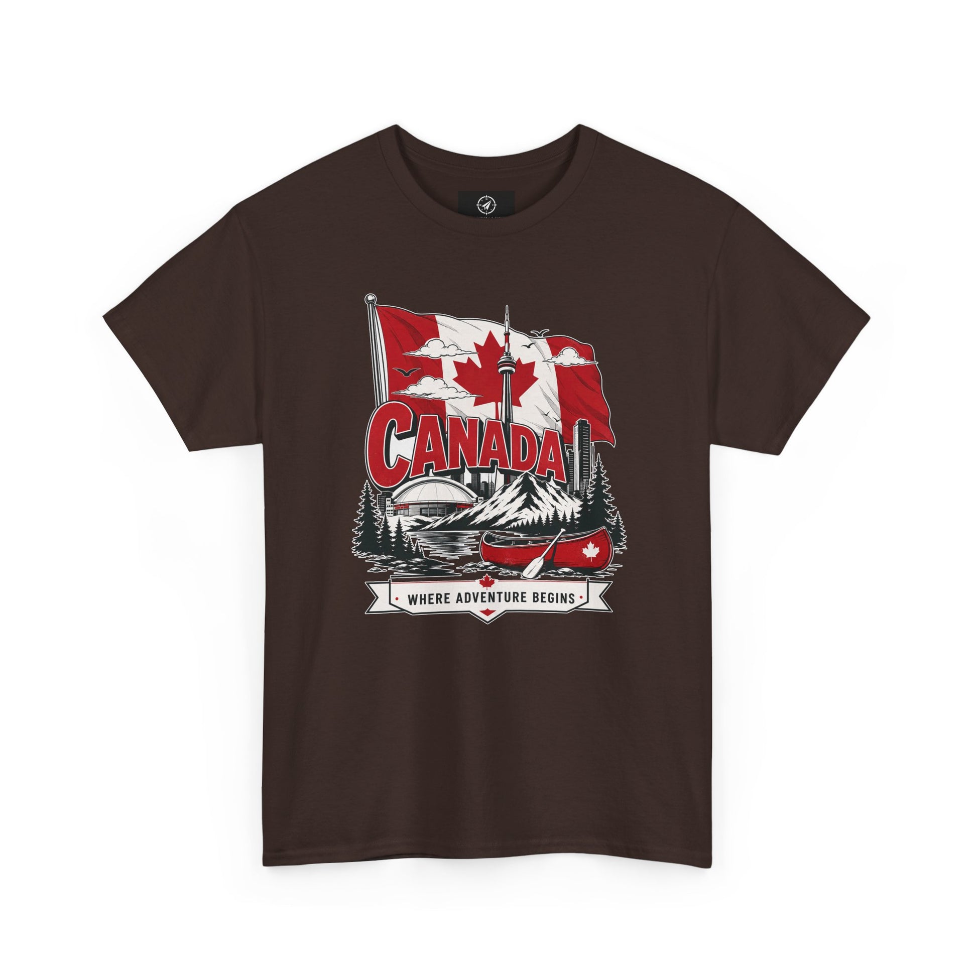 Dark chocolate brown Canada graphic T-shirt with canoe-and-maple leaf illustration at center