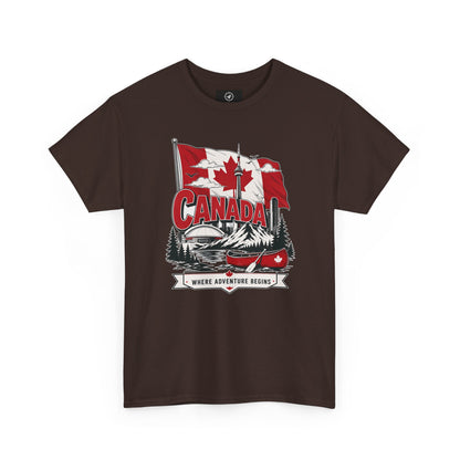 Dark chocolate brown Canada graphic T-shirt with canoe-and-maple leaf illustration at center