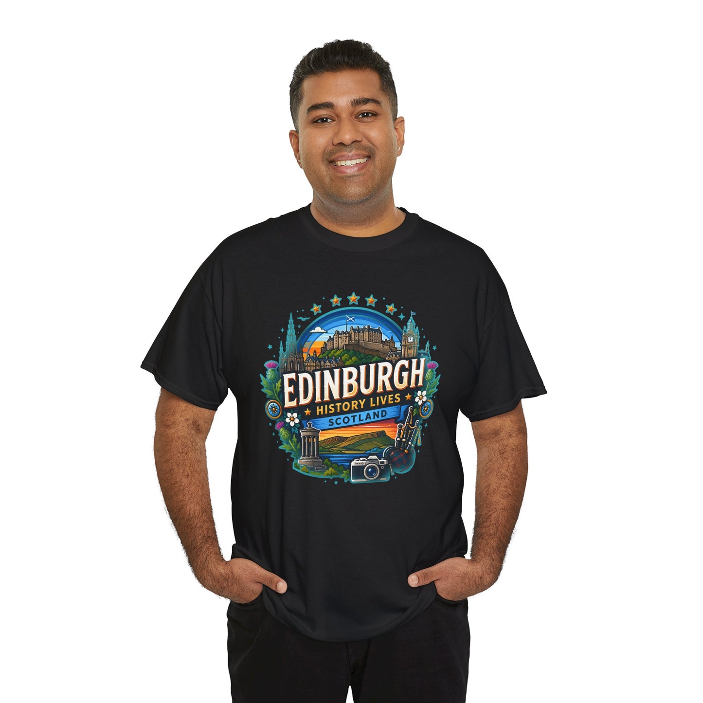Black crew-neck T-shirt with colorful Edinburgh history lives graphic