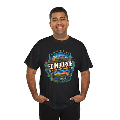 Black crew-neck T-shirt with colorful Edinburgh history lives graphic
