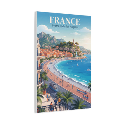 Matte canvas wall art showing the France coast with 'FRANCE' header, beach and boats.