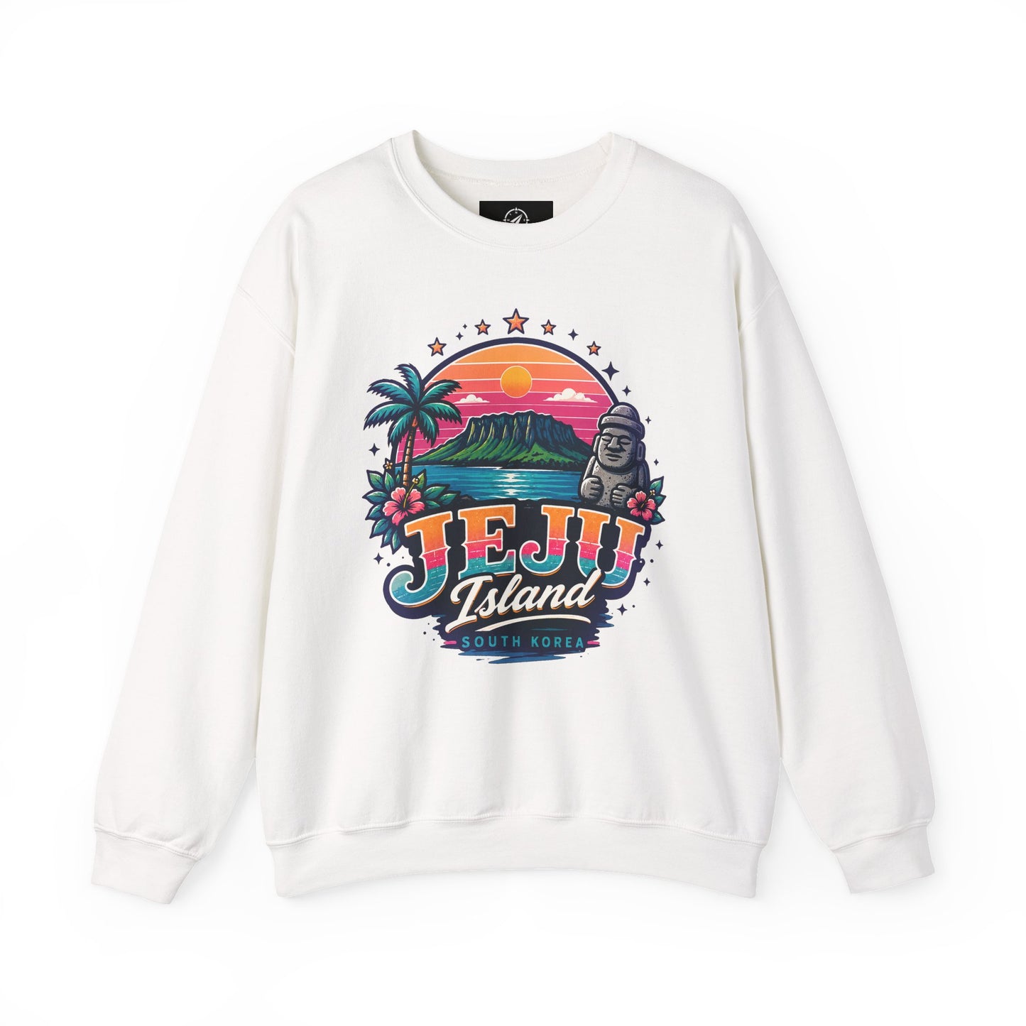 White crewneck sweatshirt with colorful TEJU Island South Korea front graphic