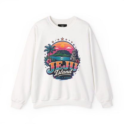 White crewneck sweatshirt with colorful TEJU Island South Korea front graphic