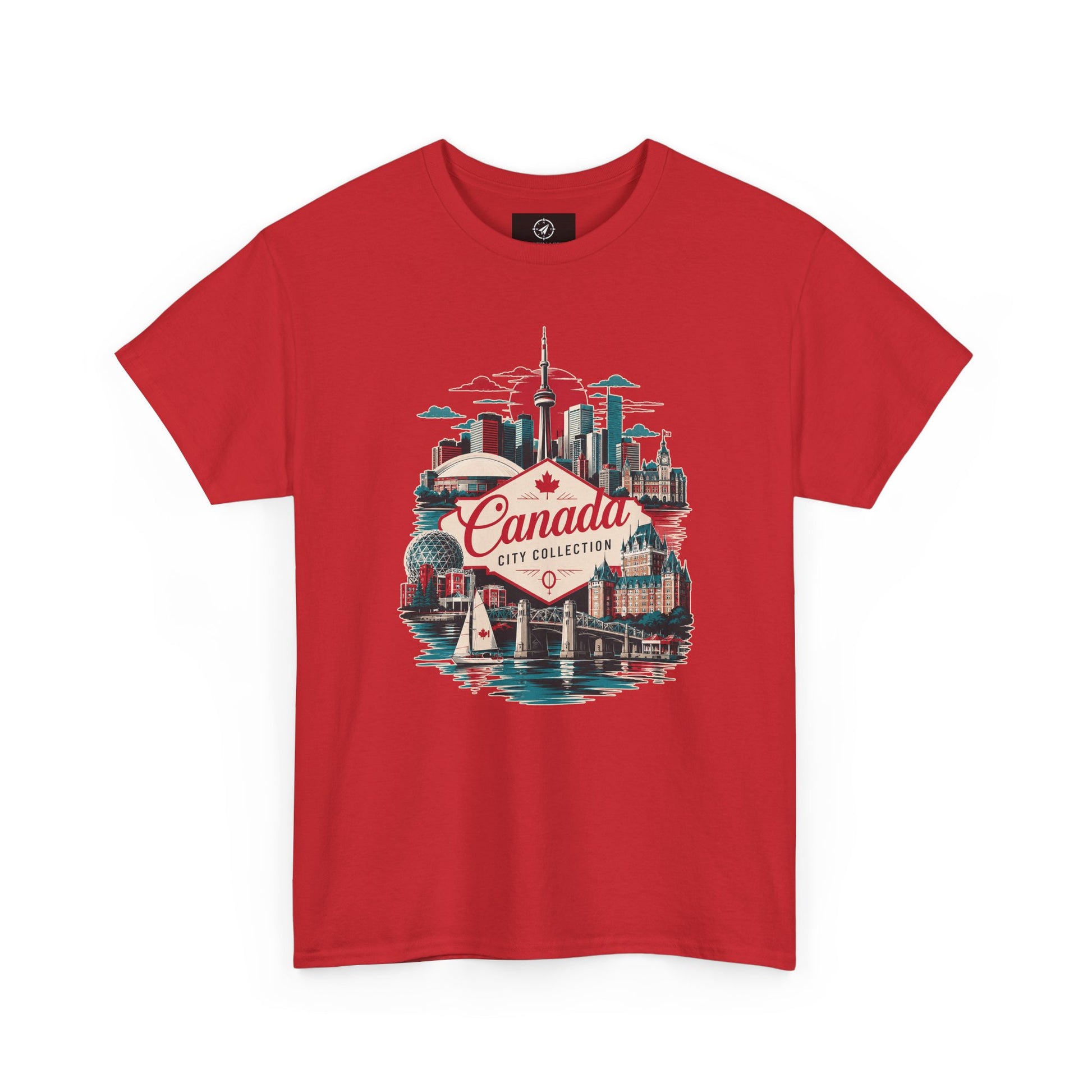 Red T-shirt with retro Toronto skyline graphic and Canada City Collection emblem