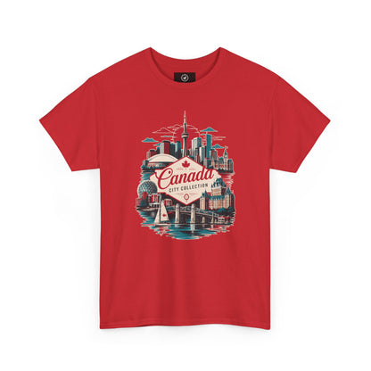 Red T-shirt with retro Toronto skyline graphic and Canada City Collection emblem