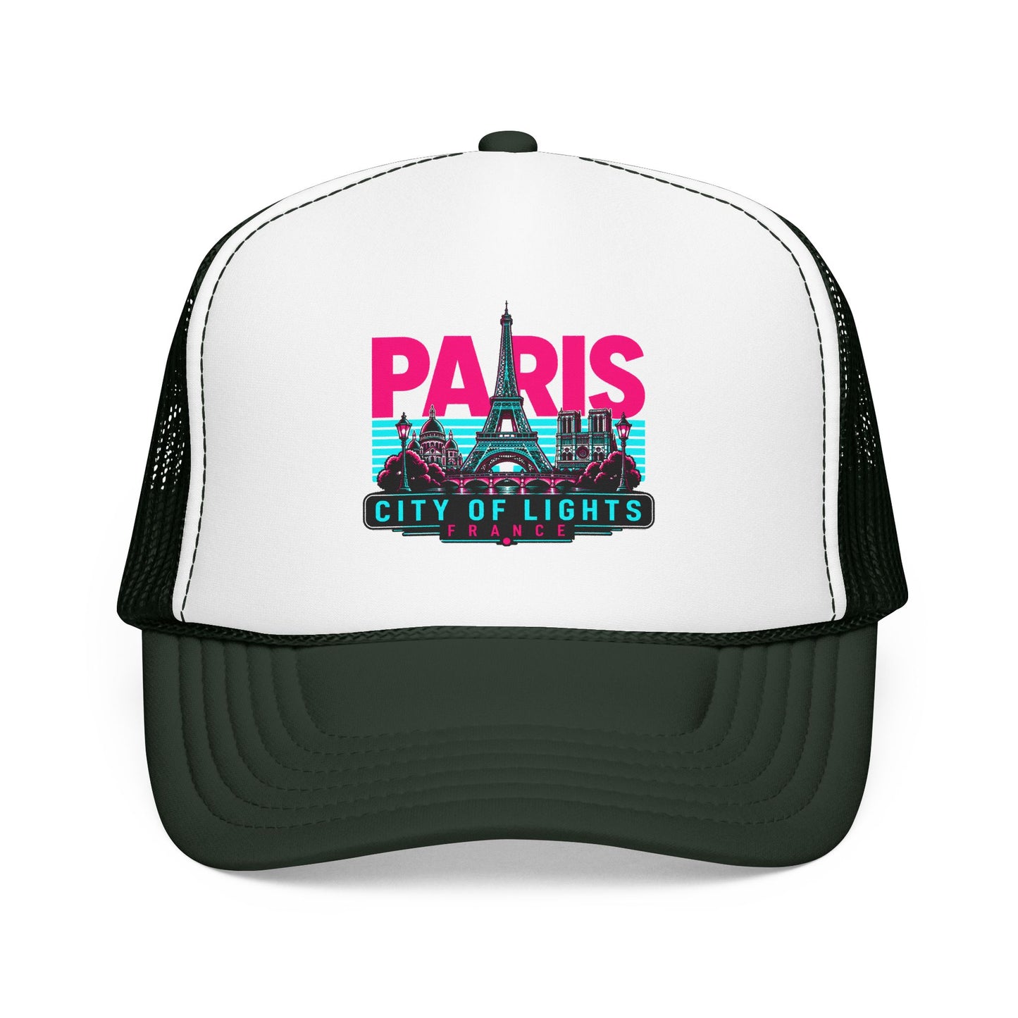 White trucker hat with black mesh sides and Paris City of Lights graphic, dark green brim.