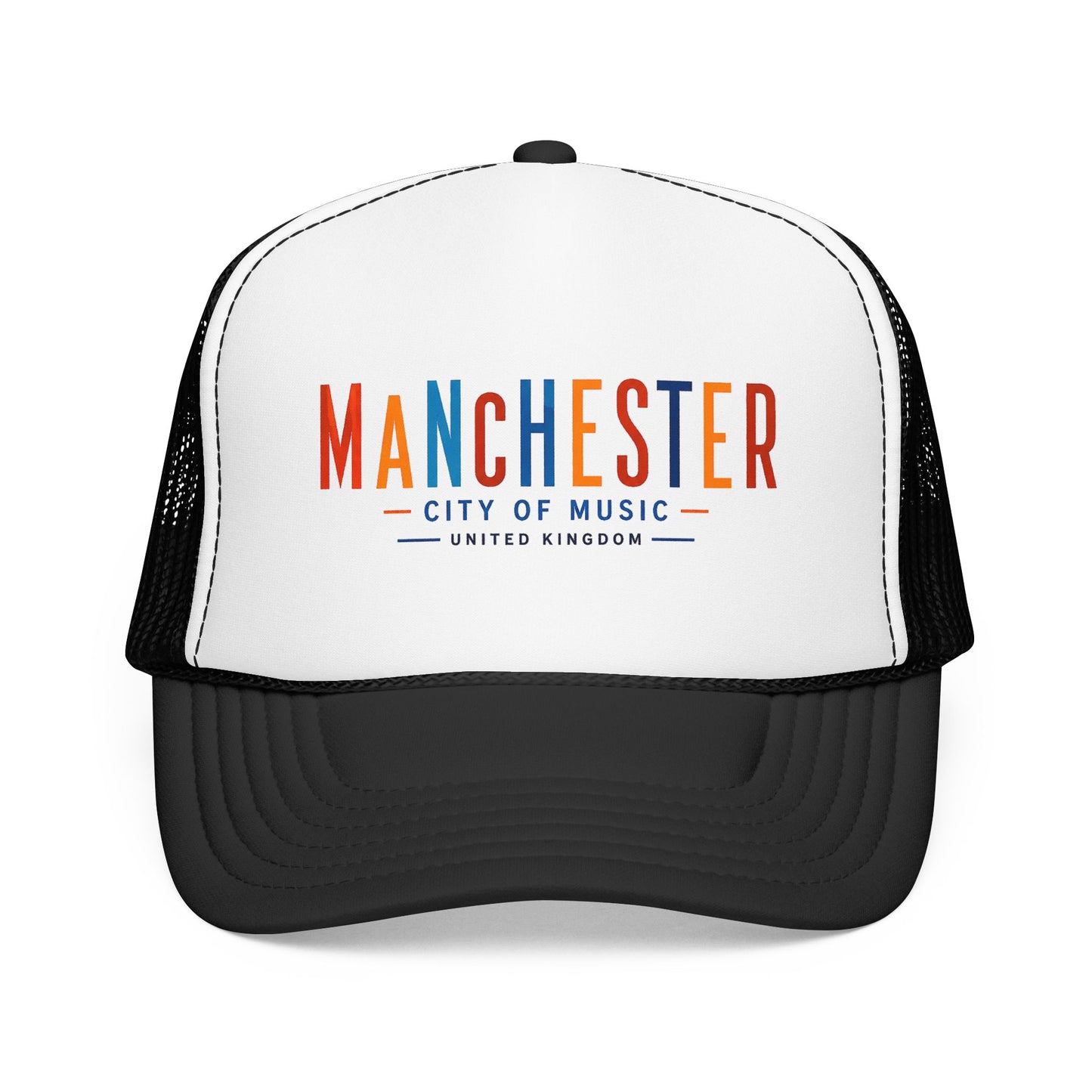 White trucker hat with black mesh sides and curved brim; Manchester City of Music logo in orange/blue.