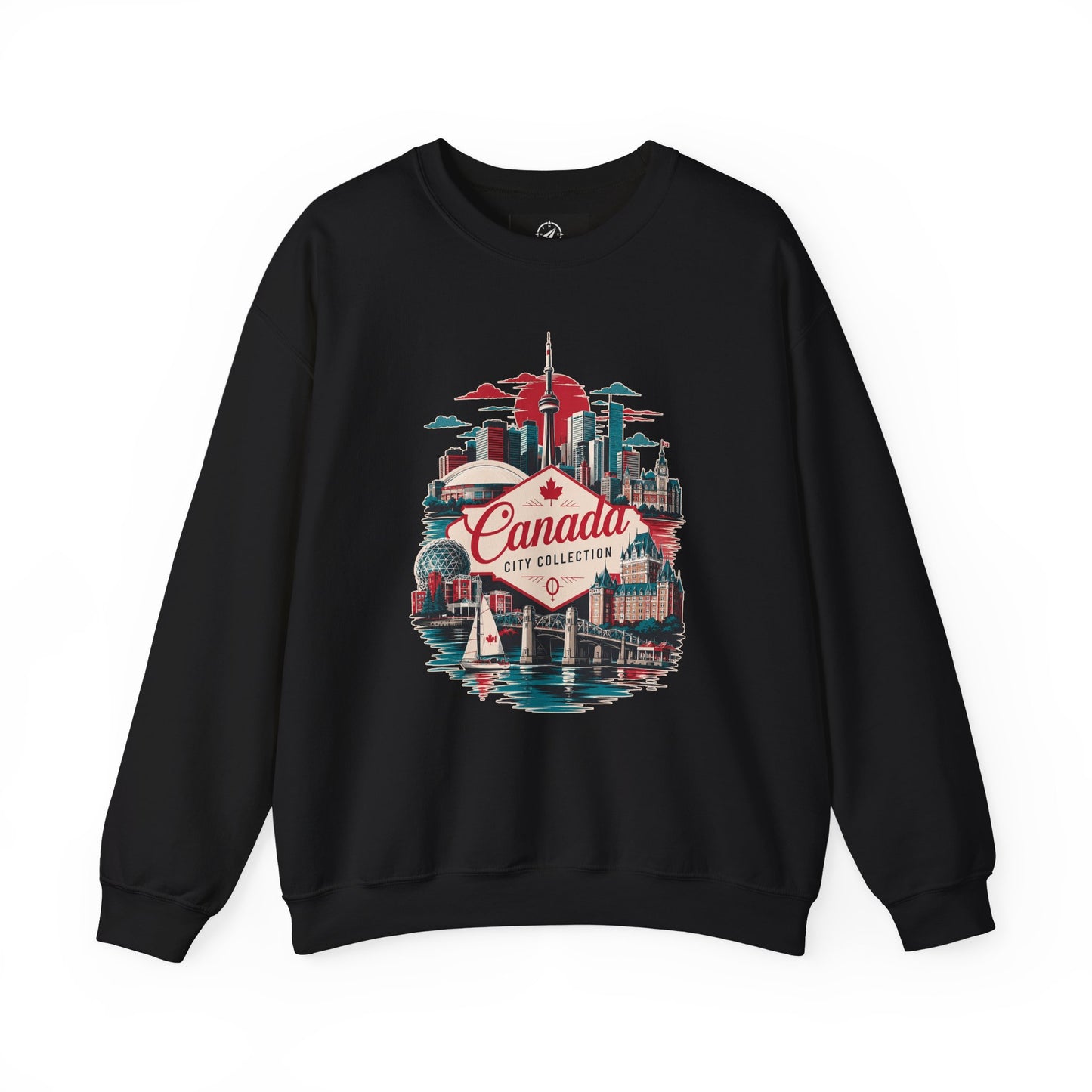 Black crewneck sweatshirt with Canada city collection skyline graphic on the front.