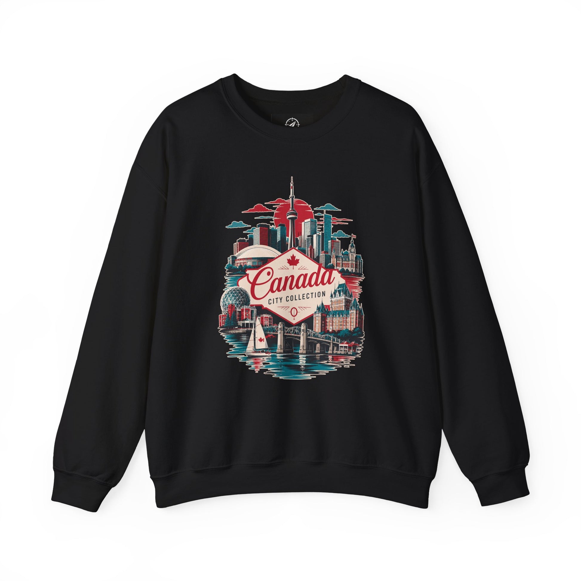 Black crewneck sweatshirt with Canada city collection skyline graphic on the front.