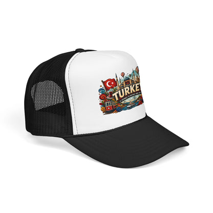 White front and black mesh trucker hat with embroidered Turkey graphic