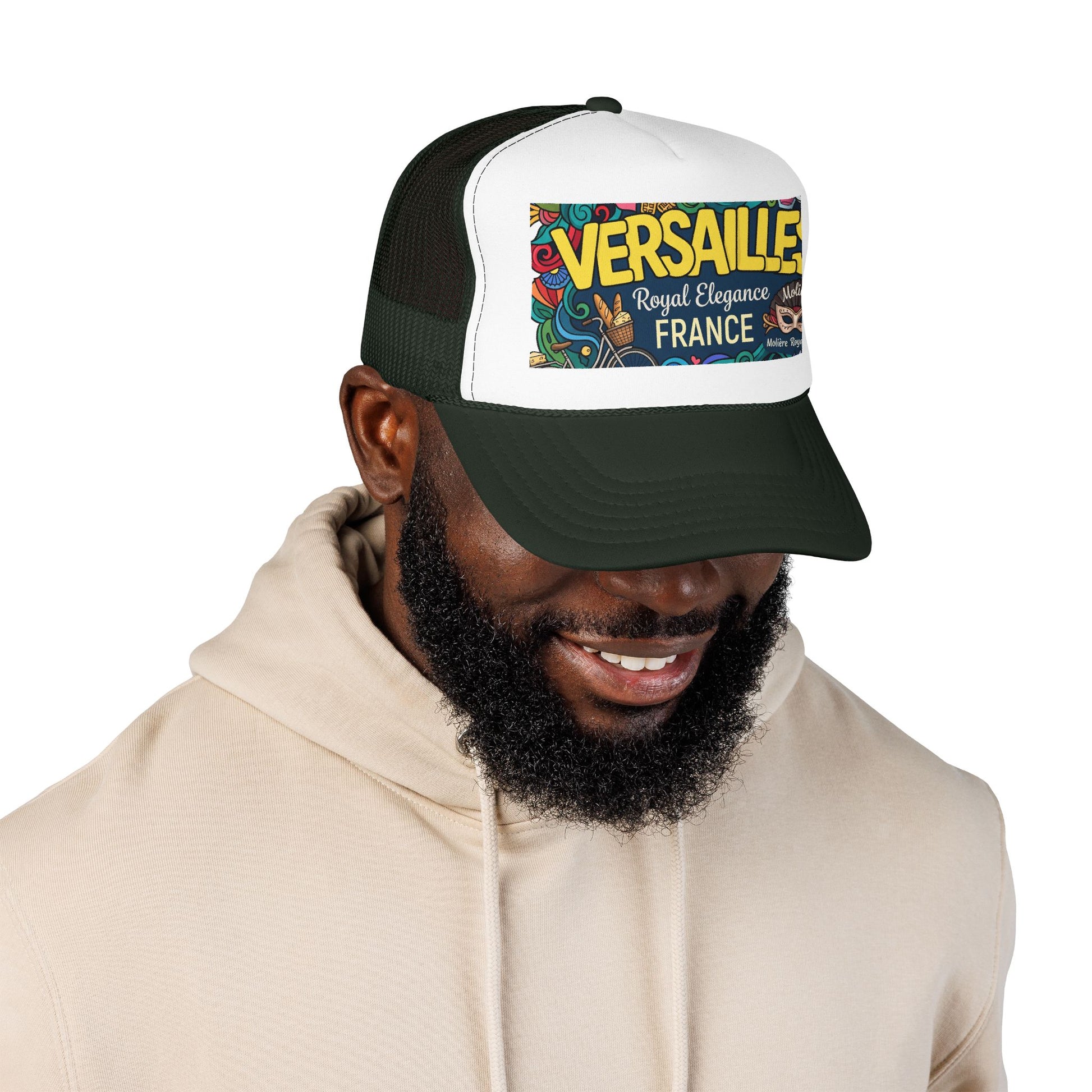 Black and dark green trucker hat with mesh sides and “Versailles France” front patch