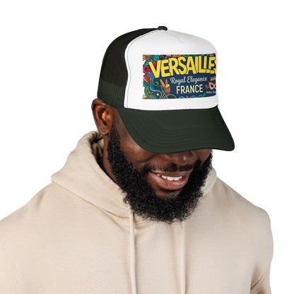 Black and dark green trucker hat with mesh sides and “Versailles France” front patch