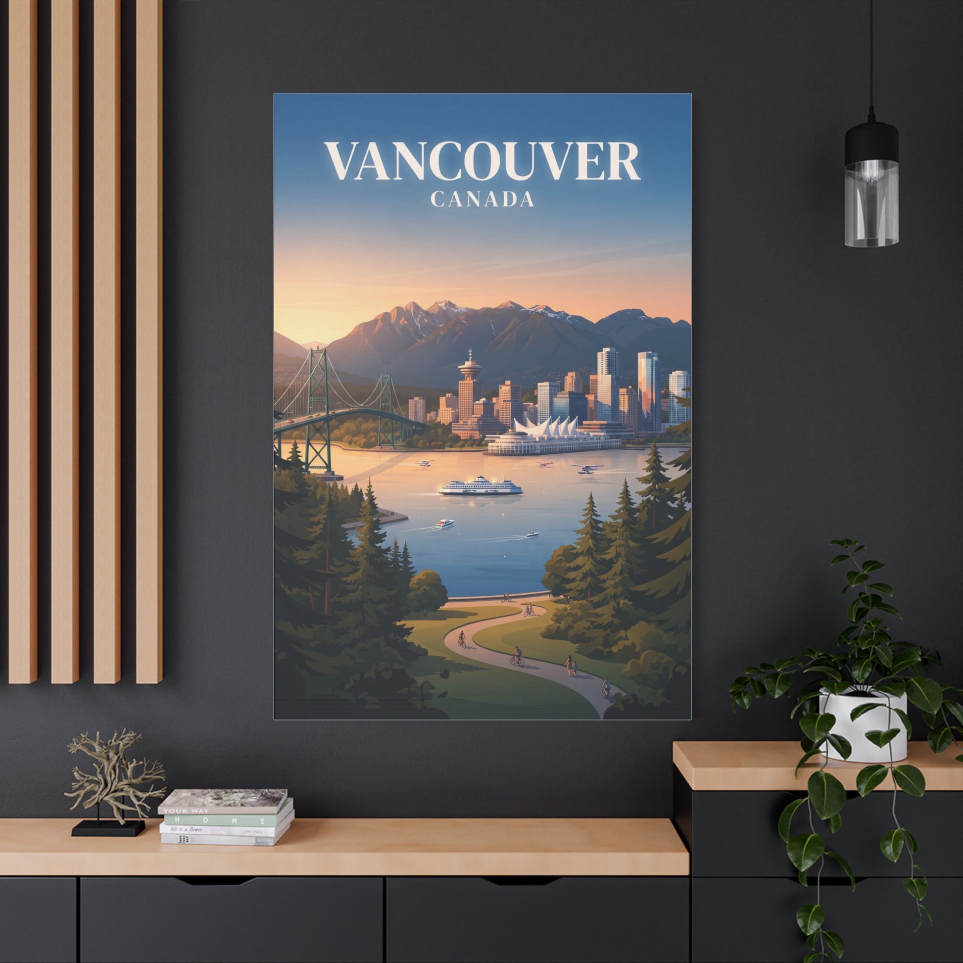 Vancouver Canada matte canvas wall art featuring harbor skyline and distant mountains
