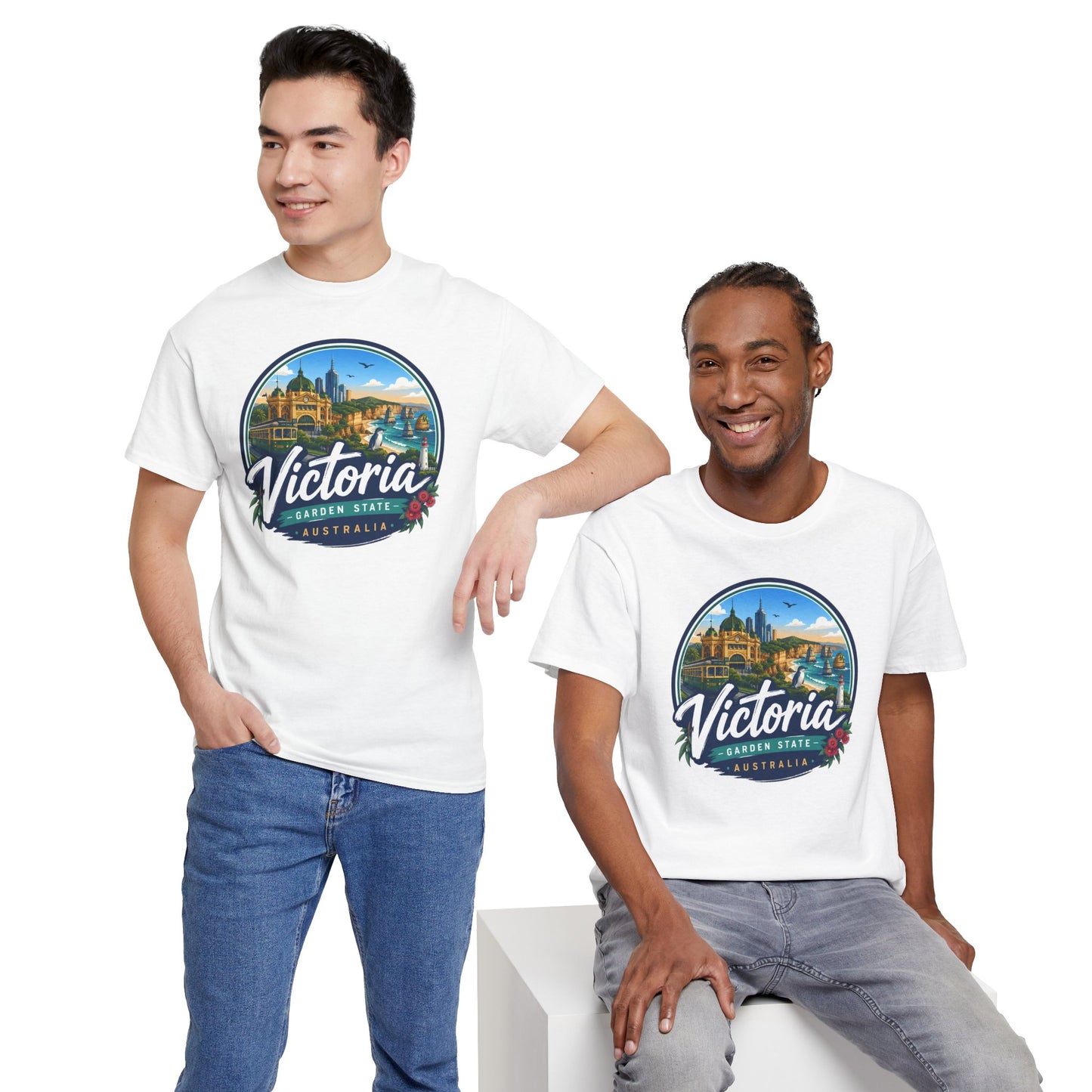 White travel tee with Victoria Australia front graphic print, worn by two people