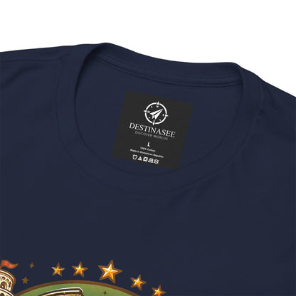 Navy T-shirt close-up of crew neckline with care label and partial vintage Italy graphic
