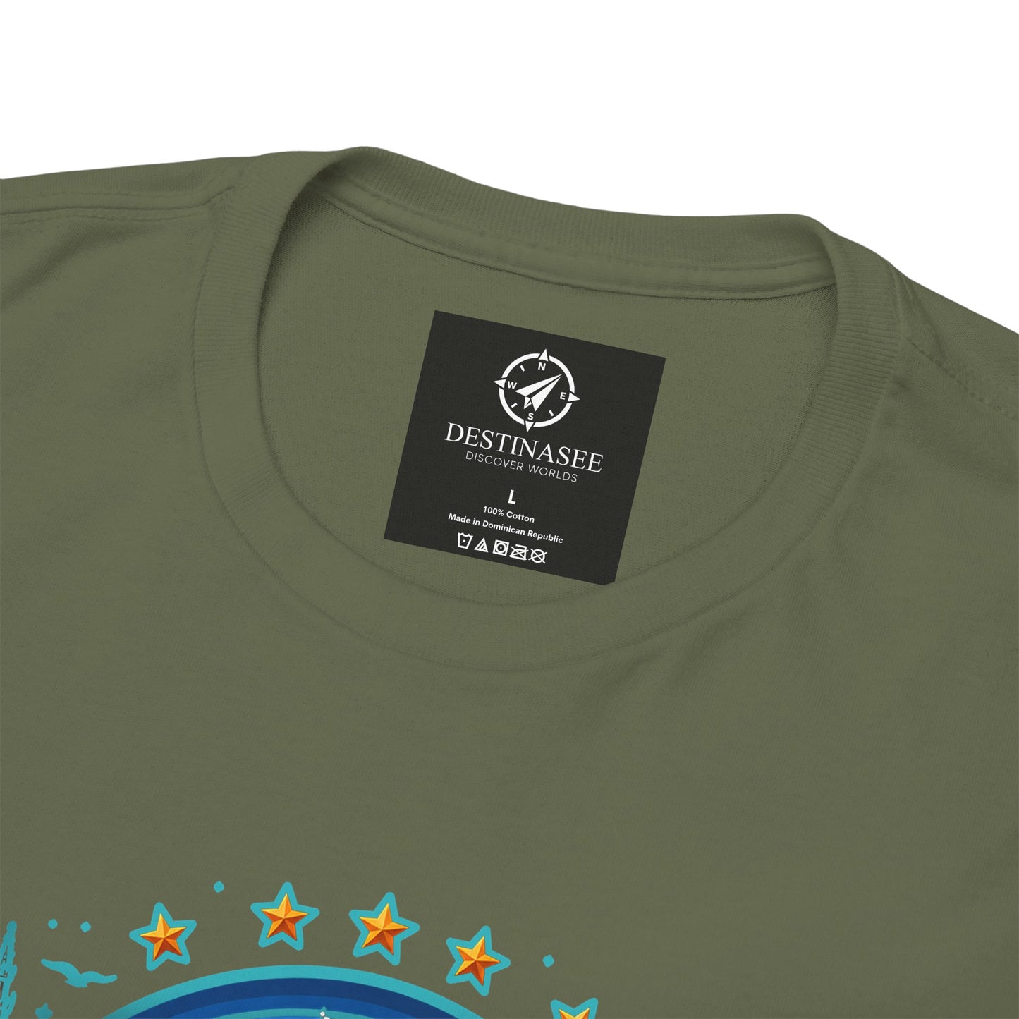 Forest green T-shirt with back neck label and small rectangular logo patch