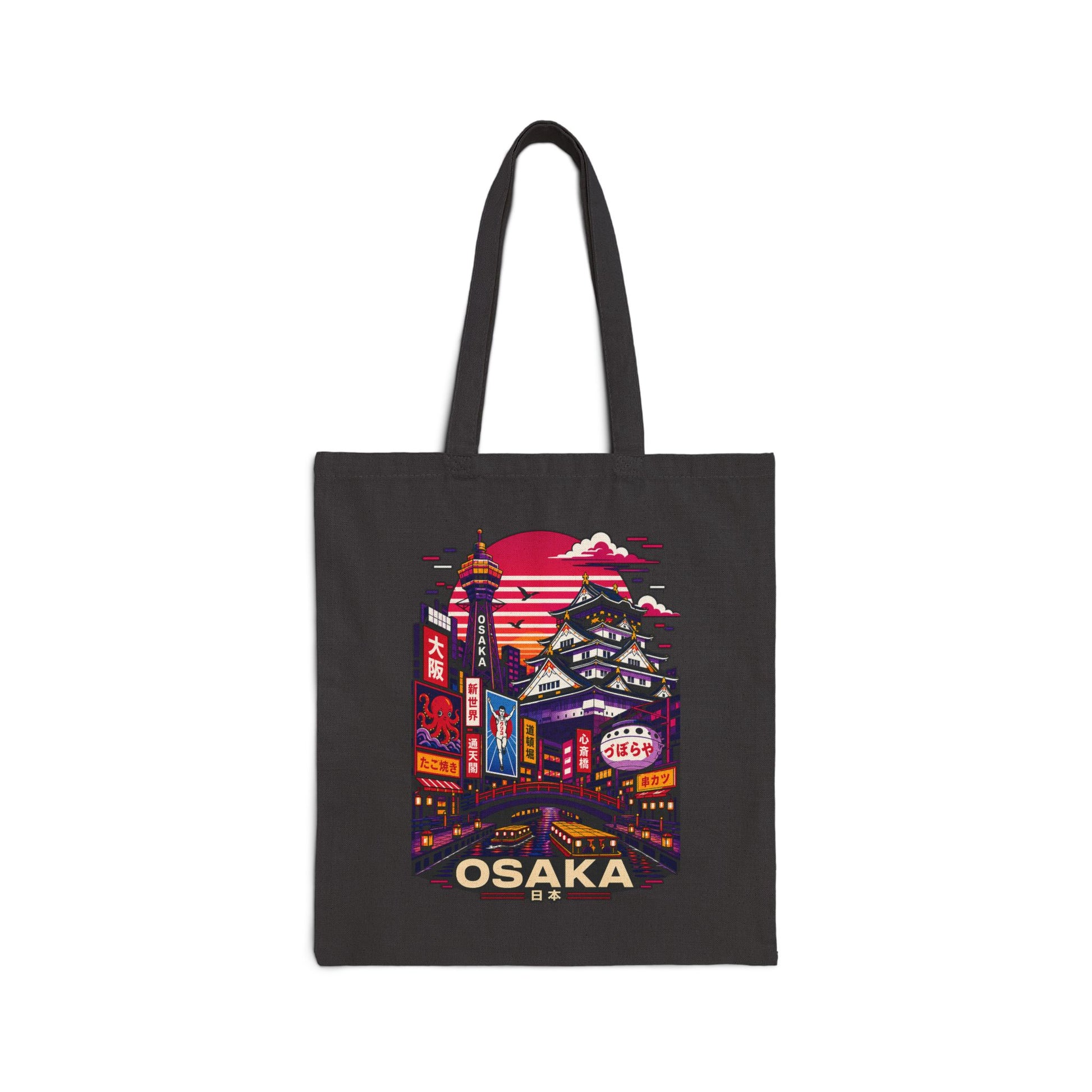 Black tote bag with colorful Osaka skyline graphic on front panel