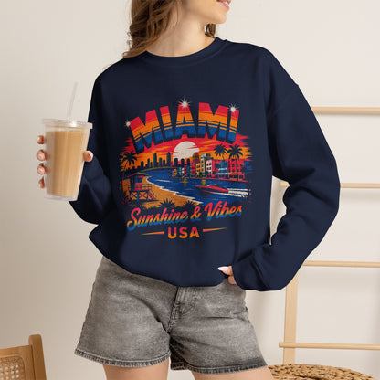 Navy crewneck sweatshirt with Miami skyline graphic and Sunshine & Vibes USA print