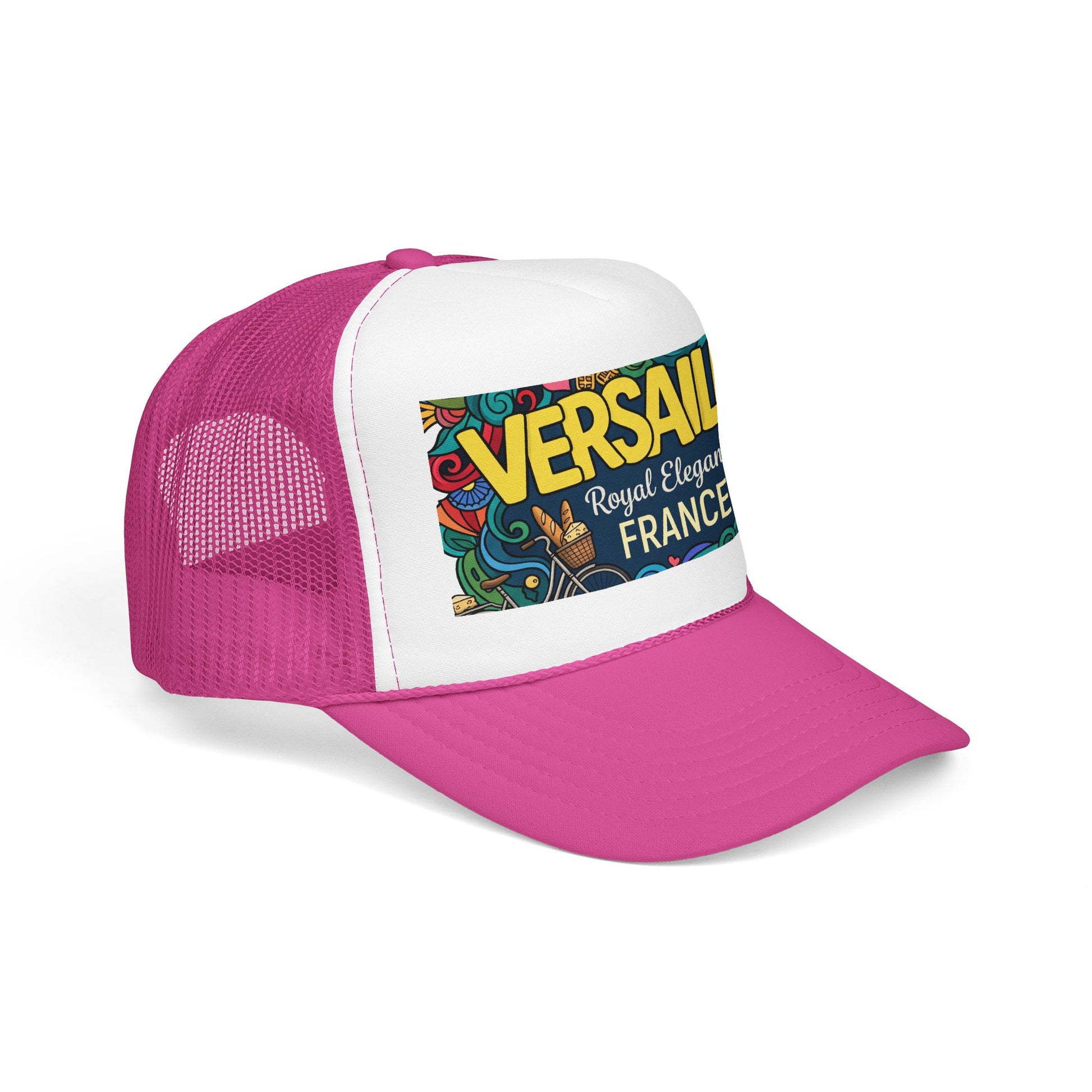 Pink and white trucker cap with magenta mesh back and Versailles graphic patch