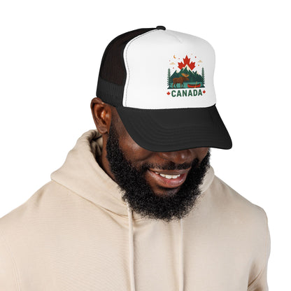 Two-tone trucker hat with white front, black mesh sides, and Canada graphic patch