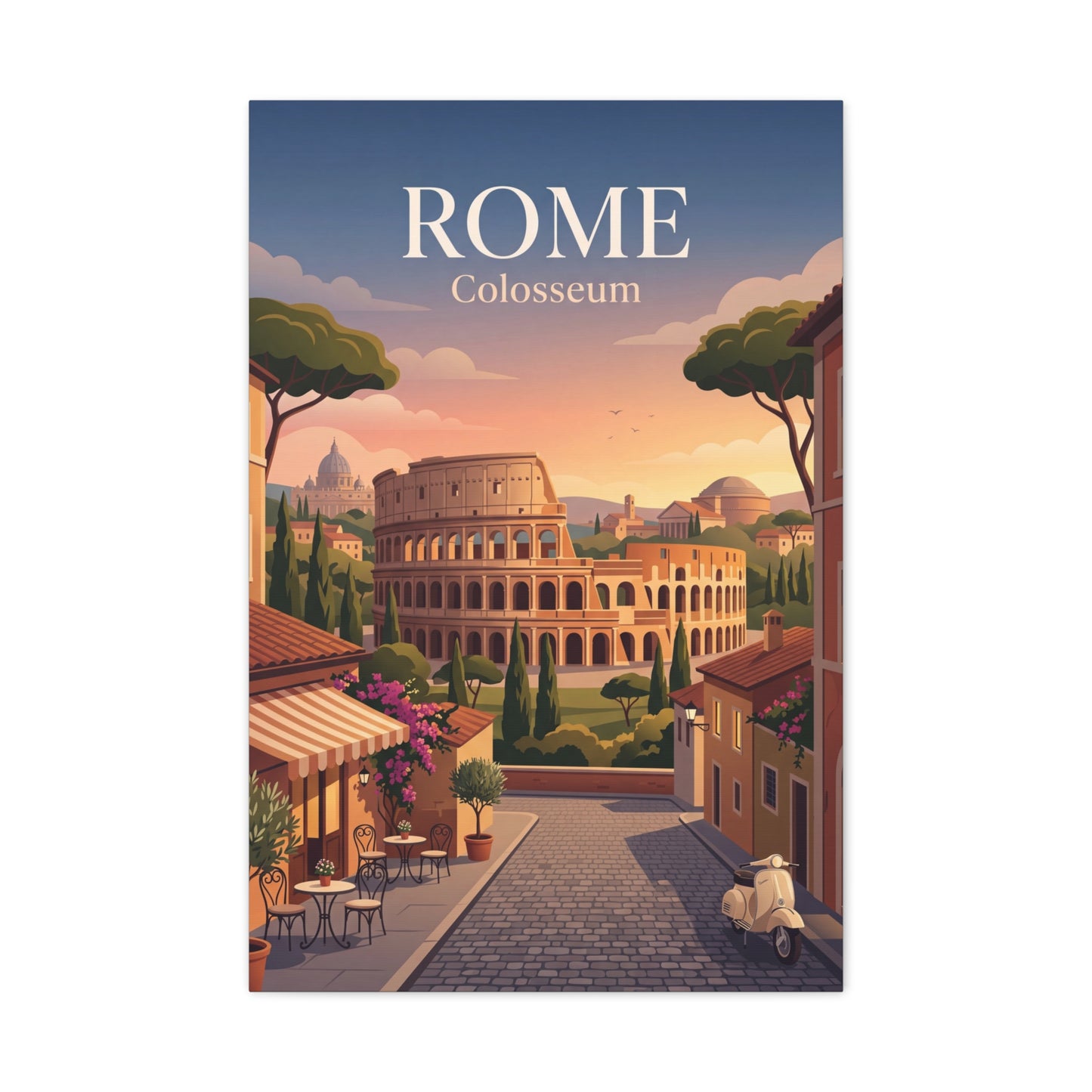 Portrait matte canvas print of Rome Colosseum with “ROME” and “Colosseum” text