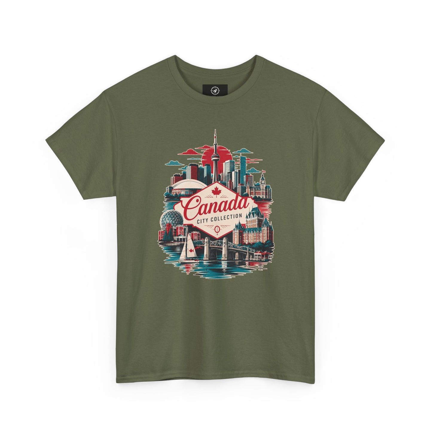 Olive green crewneck T-shirt with front Canada City Collection skyline graphic