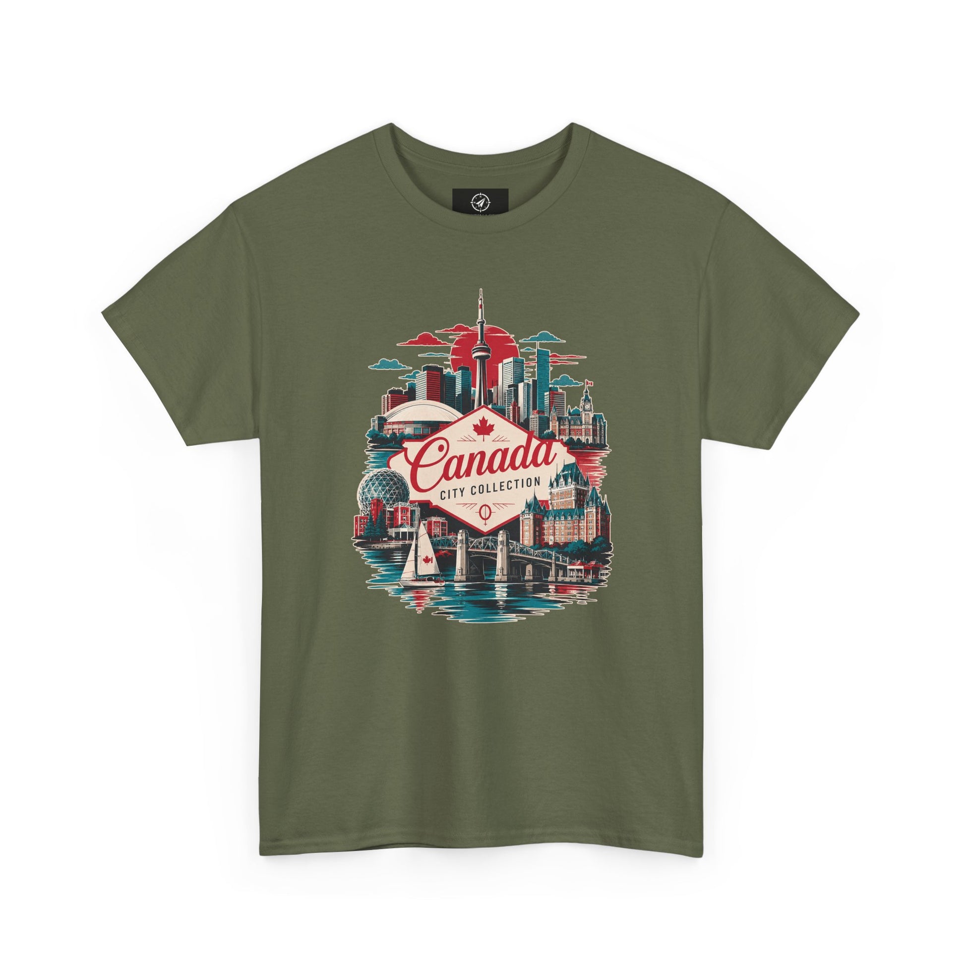 Olive green crewneck T-shirt with front Canada City Collection skyline graphic