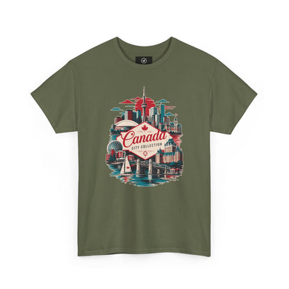 Olive green crewneck T-shirt with front Canada City Collection skyline graphic