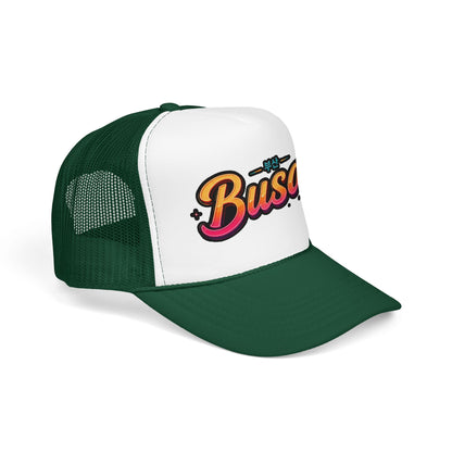 Dark green mesh trucker hat with white front and 'Busan' logo
