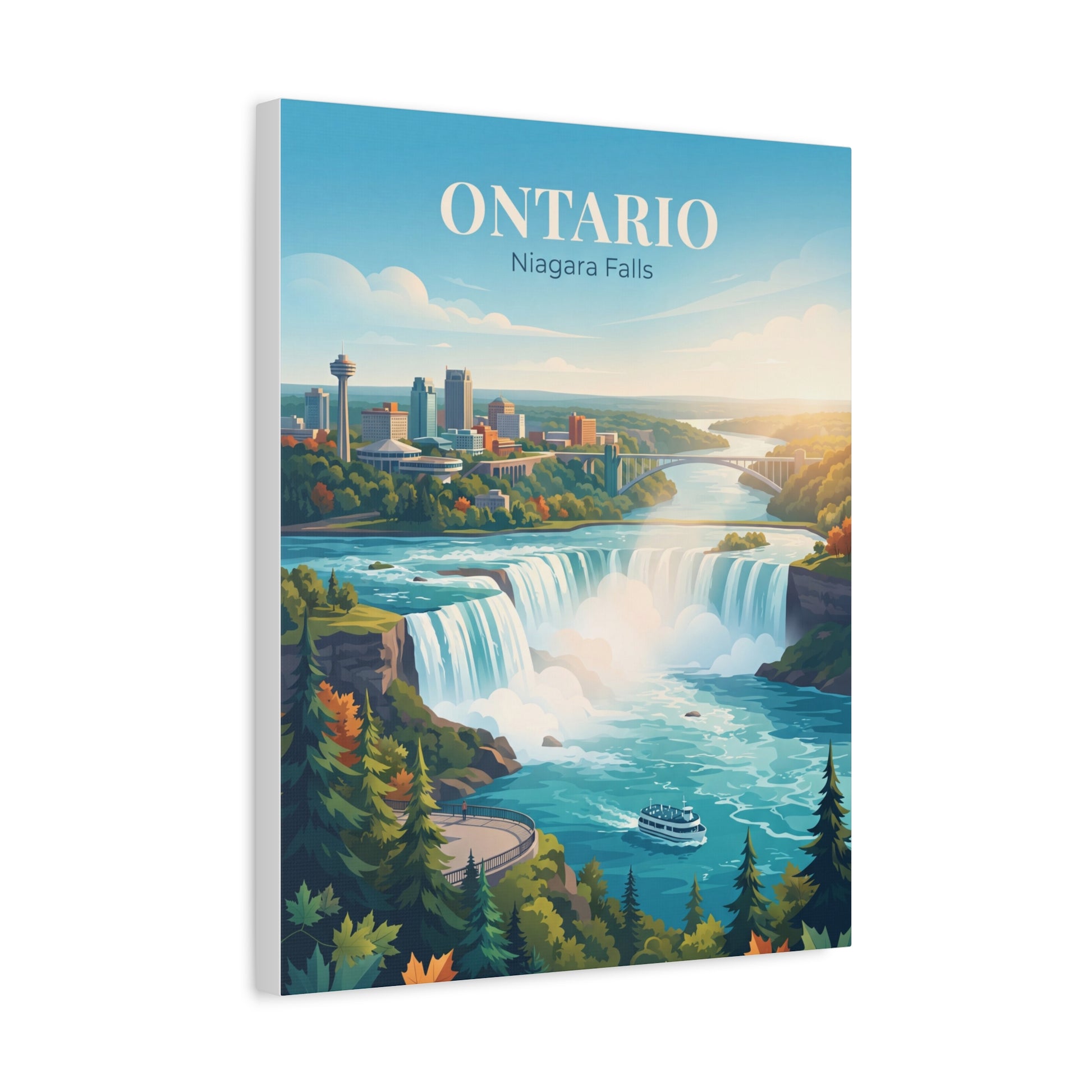 Ontario Niagara Falls canvas wall art showing waterfall, river view, and ONTARIO lettering