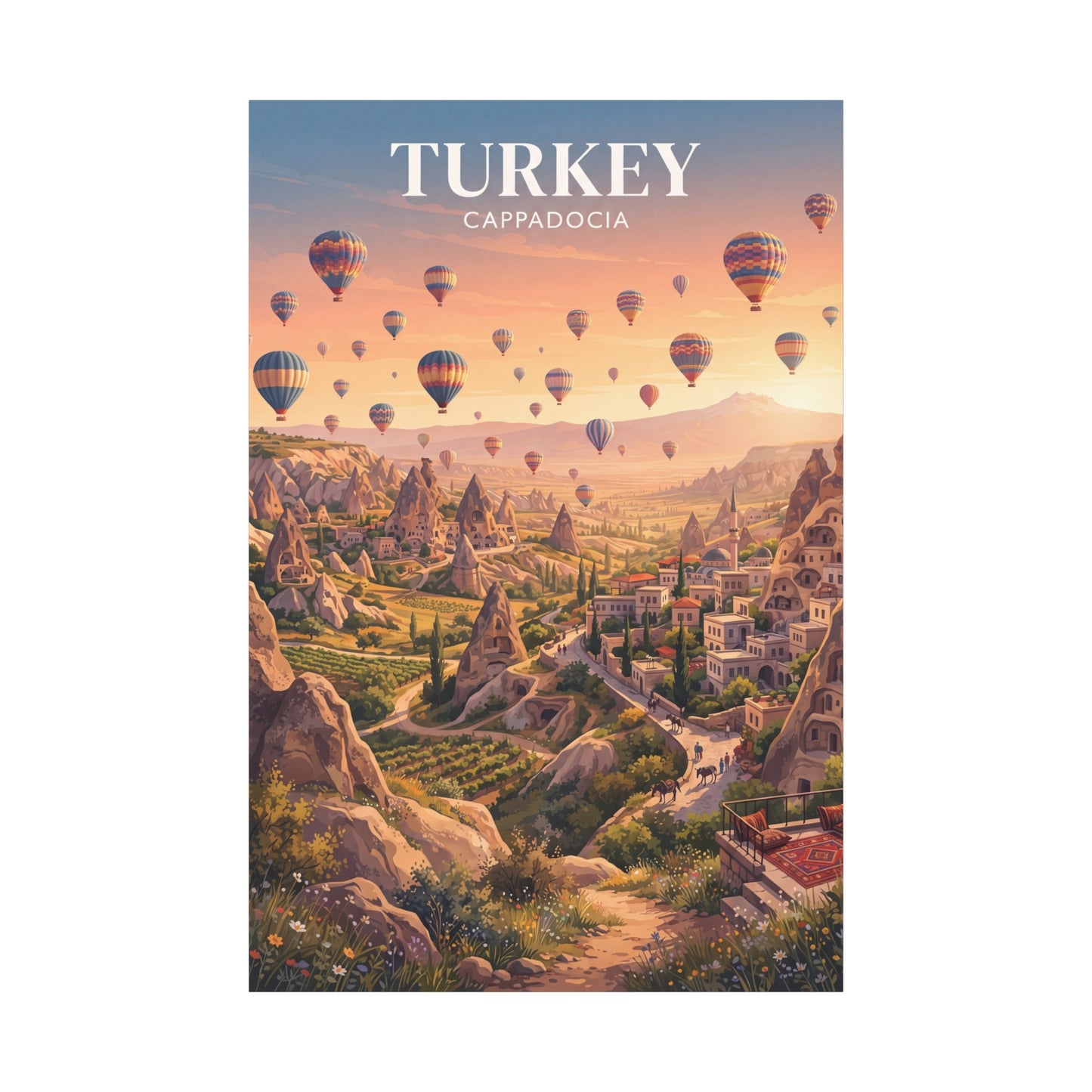 Vertical Turkey Cappadocia canvas wall art with 'TURKEY' and 'CAPPADOCIA' text