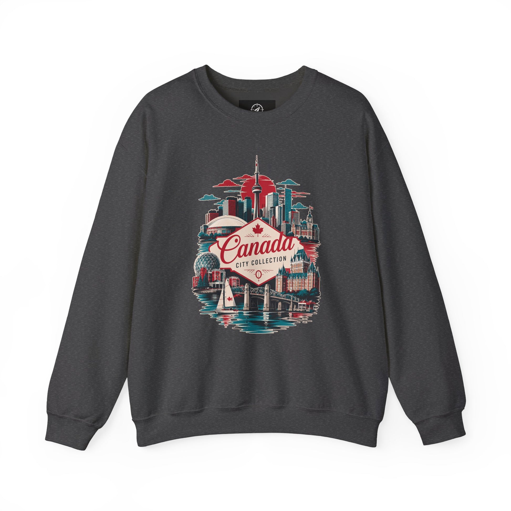 Crewneck sweatshirt in black with colorful Canada skyline graphic on front