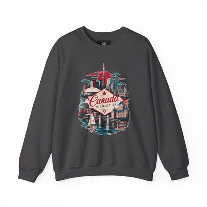 Crewneck sweatshirt in black with colorful Canada skyline graphic on front