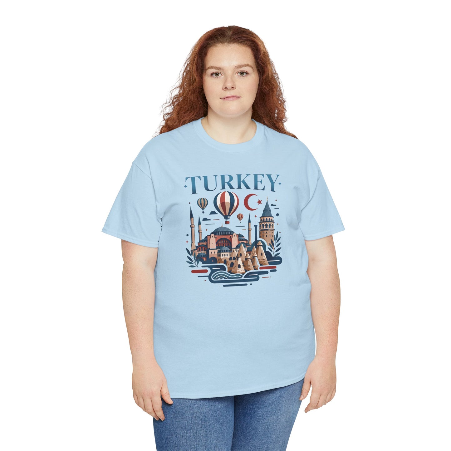 Light blue T-shirt with “TURKEY” skyline and hot air balloon front graphic