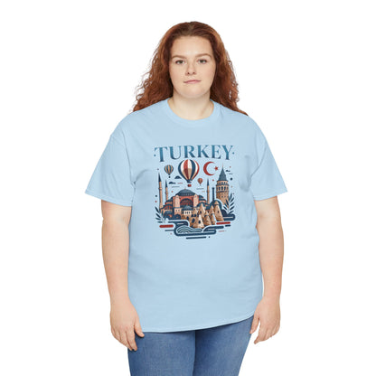 Light blue T-shirt with “TURKEY” skyline and hot air balloon front graphic