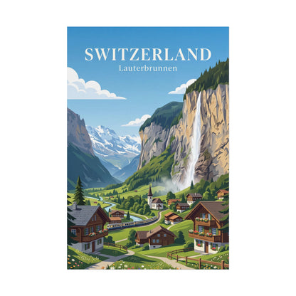Rolled poster with Switzerland landscape, Lauterbrunnen village, mountains and waterfall