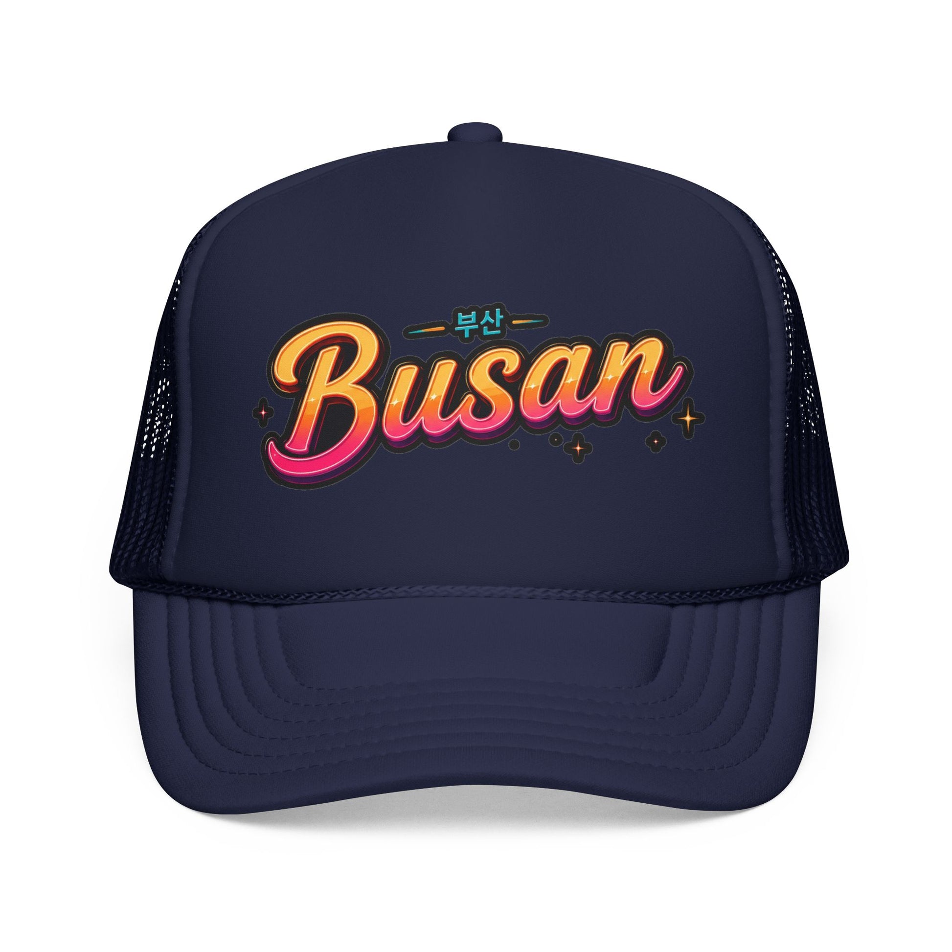 Navy trucker hat with front Busan logo and navy mesh side panels