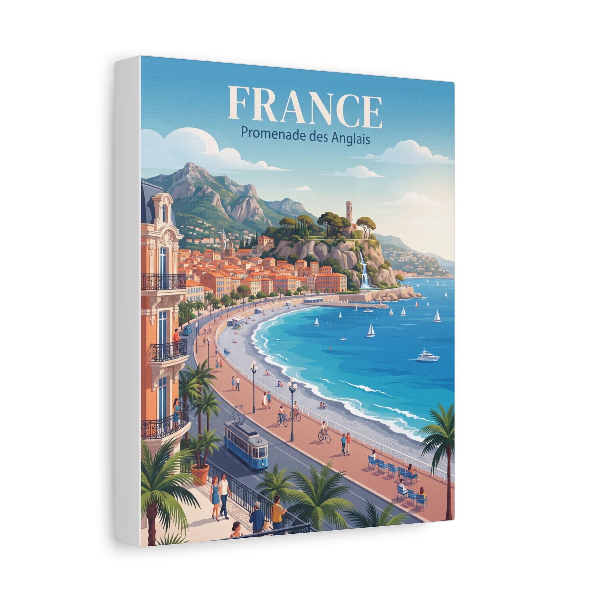Vertical matte canvas wall art titled "FRANCE" featuring a curved beach, palm trees, and boats.