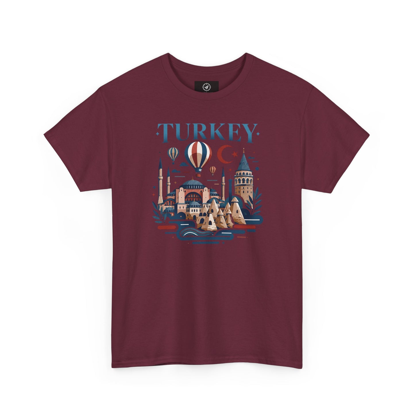 Maroon T-shirt with Turkey skyline and hot air balloon graphic
