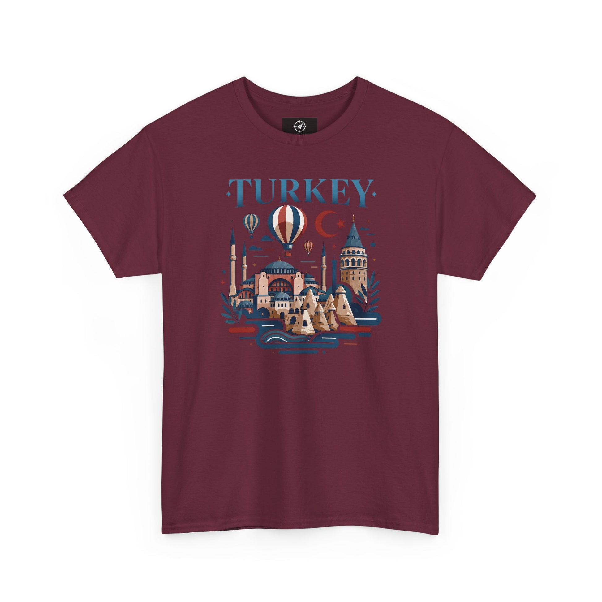 Maroon T-shirt with Turkey skyline and hot air balloon graphic