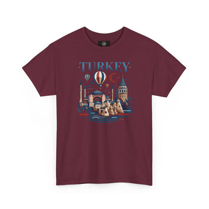 Maroon T-shirt with Turkey skyline and hot air balloon graphic
