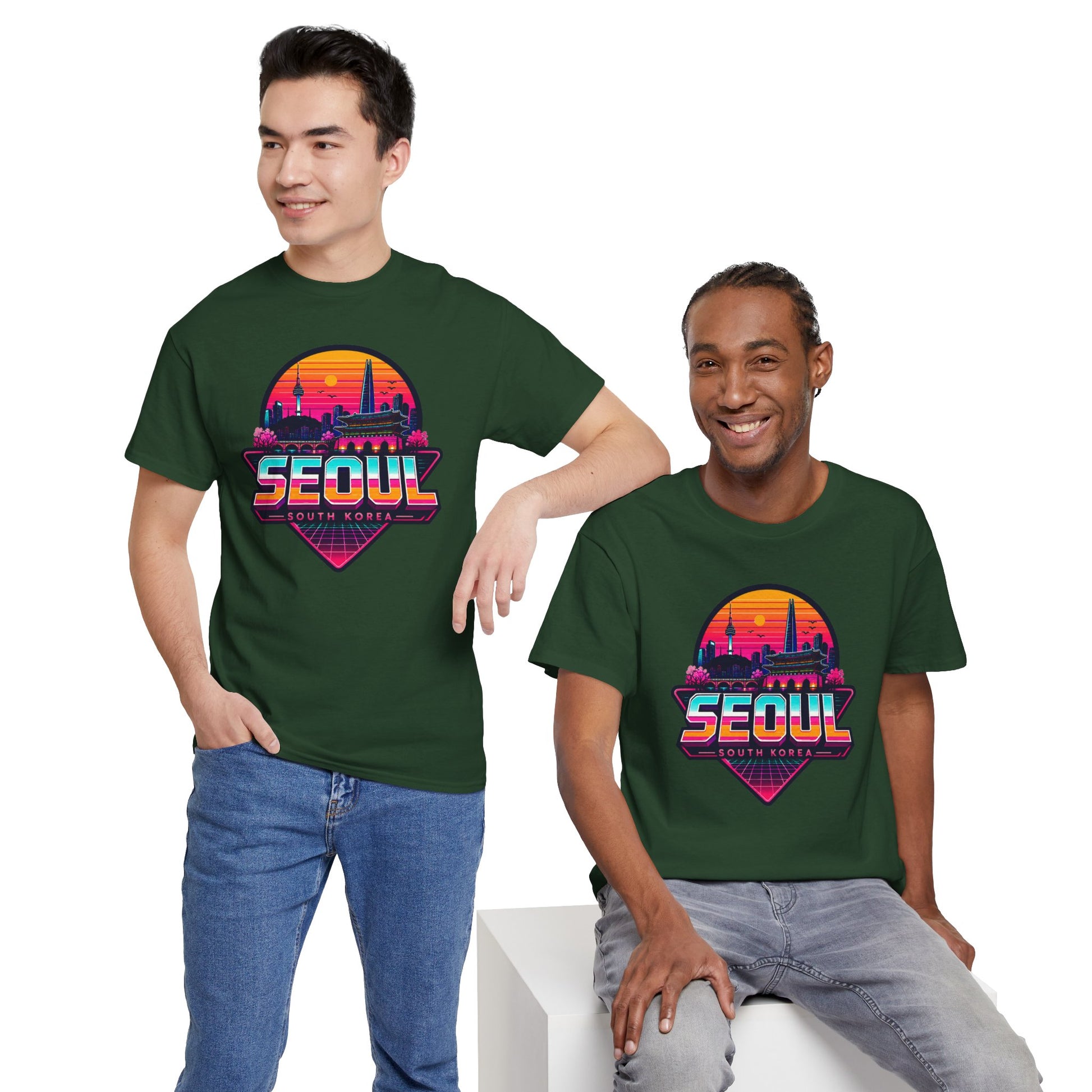 Green crewneck T-shirt with “SEOUL” skyline graphic, worn by two people