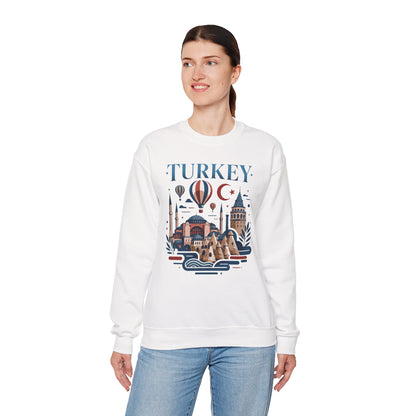 White crewneck sweatshirt with Turkey skyline graphic on the front