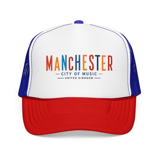Trucker hat with white front, blue mesh sides, and red brim; Manchester City of Music graphic logo.