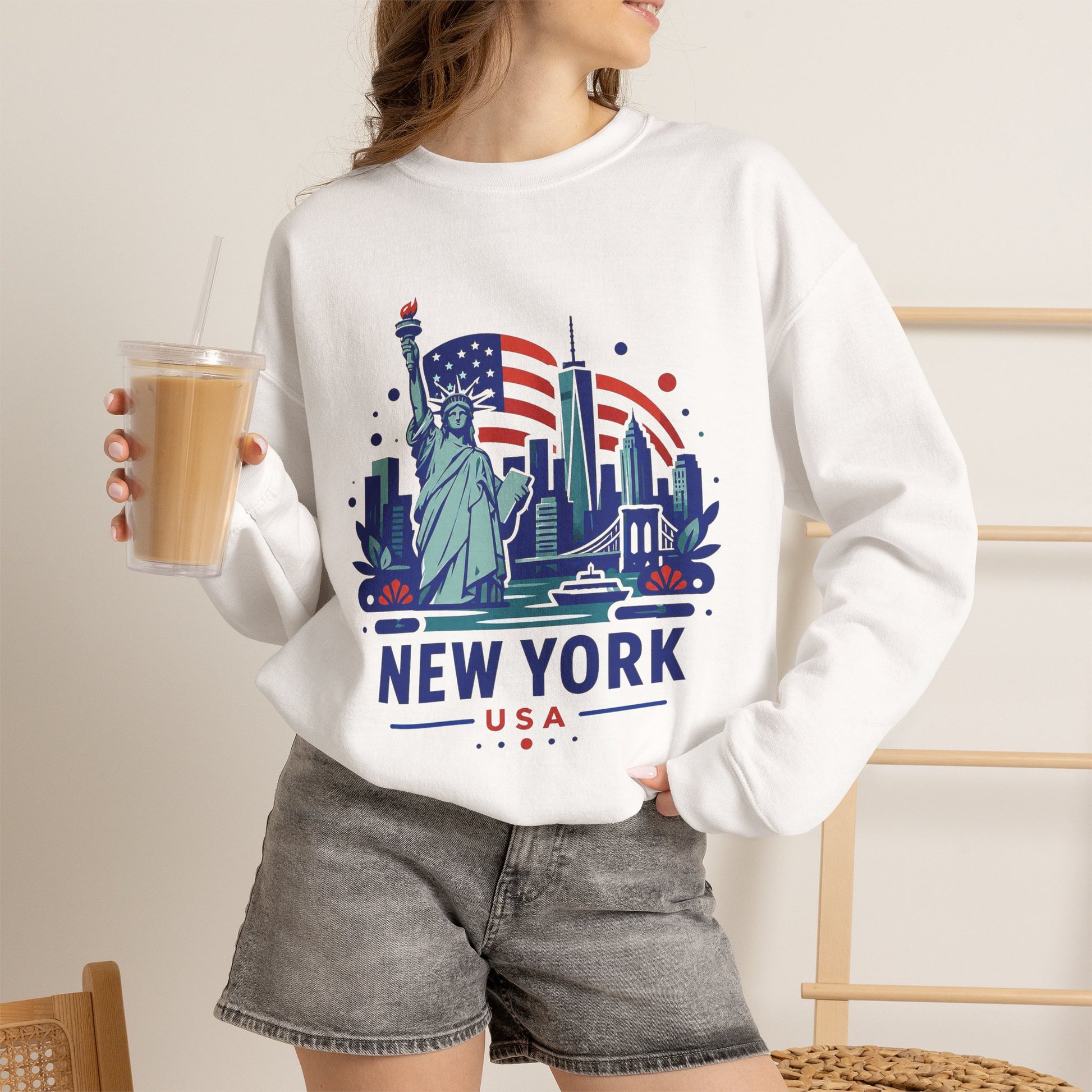 White crewneck sweatshirt with New York USA skyline print, front view