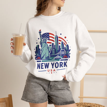 White crewneck sweatshirt with New York USA skyline print, front view