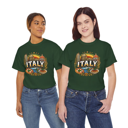 Green crew-neck T-shirt with vintage Italy emblem graphic on chest