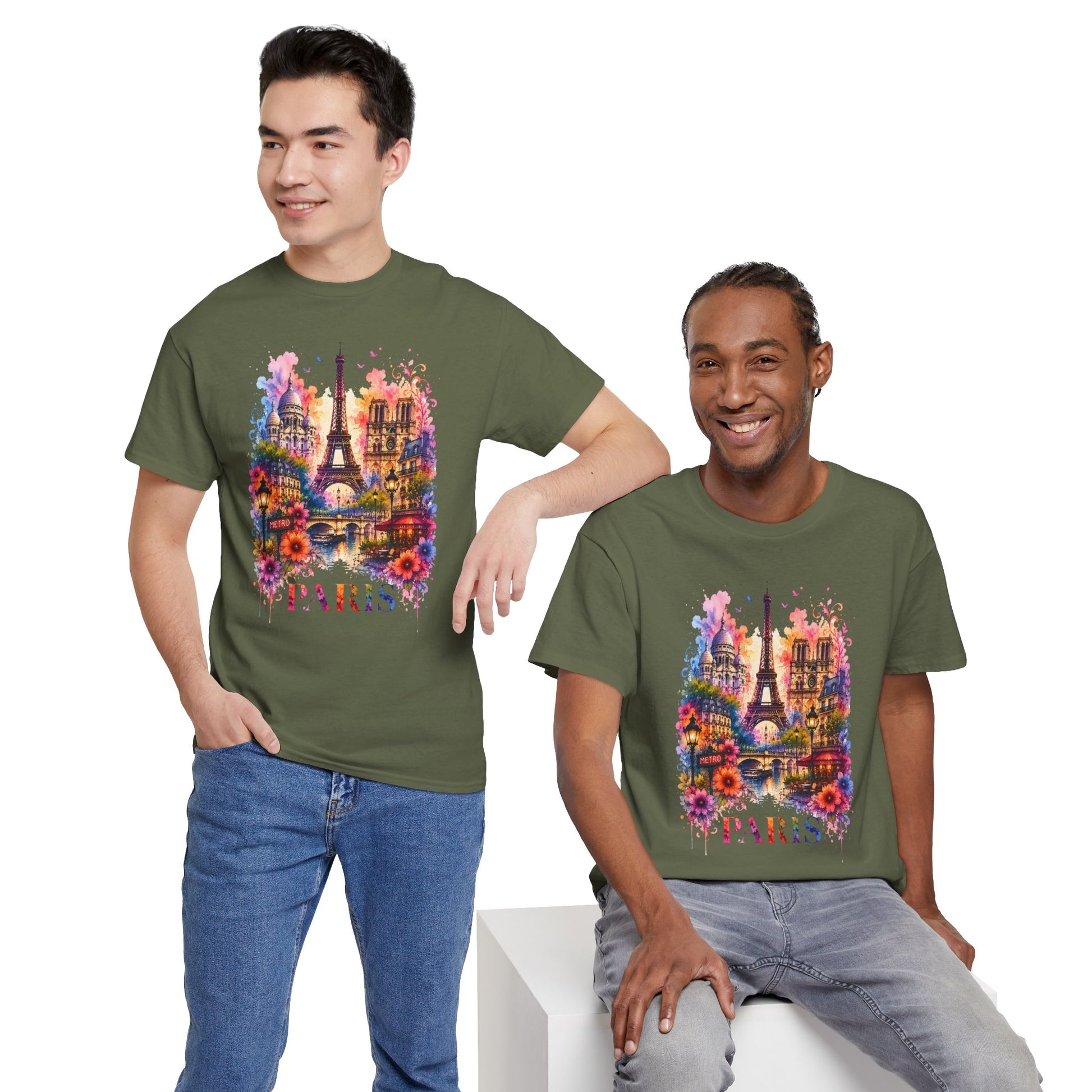 Unisex olive T-shirt with colorful floral Eiffel Tower graphic and “PARIS” text