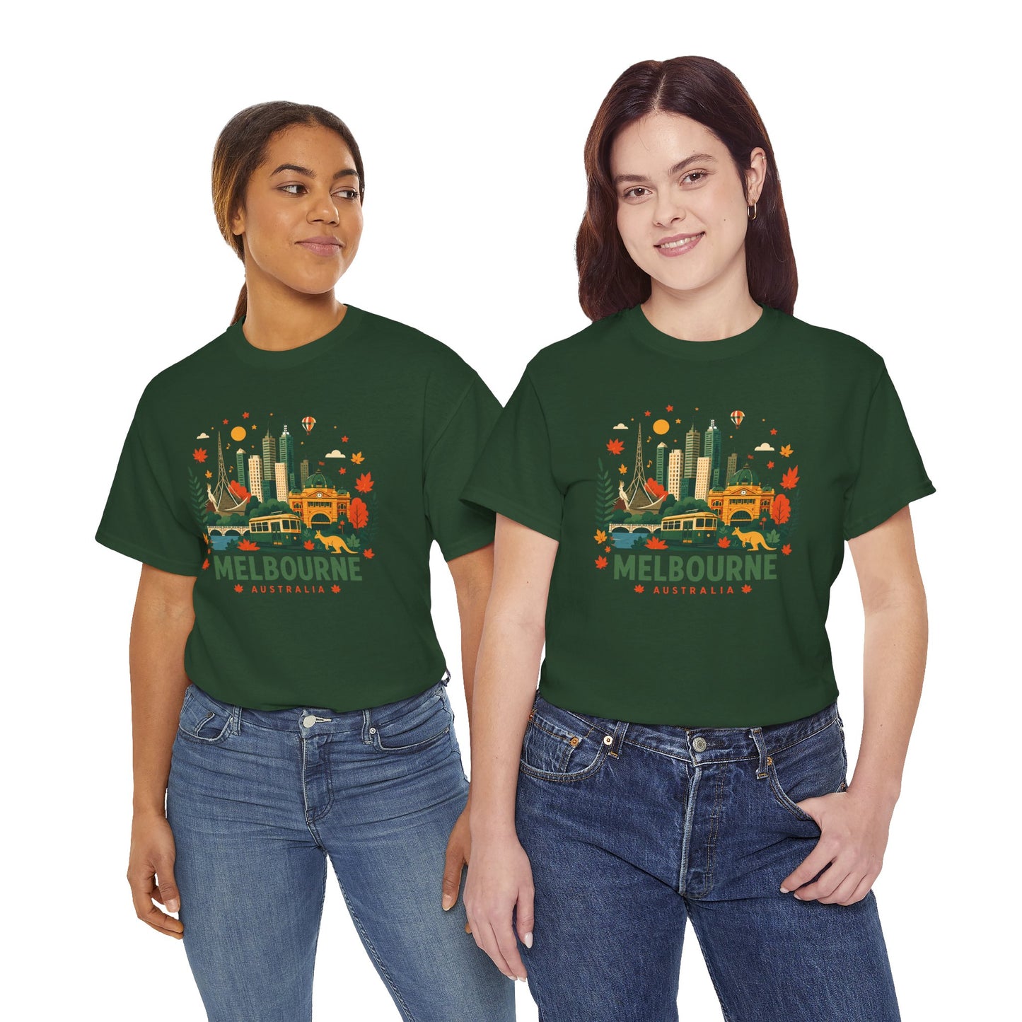 Dark green Melbourne skyline graphic T-shirt with colorful festival print on chest