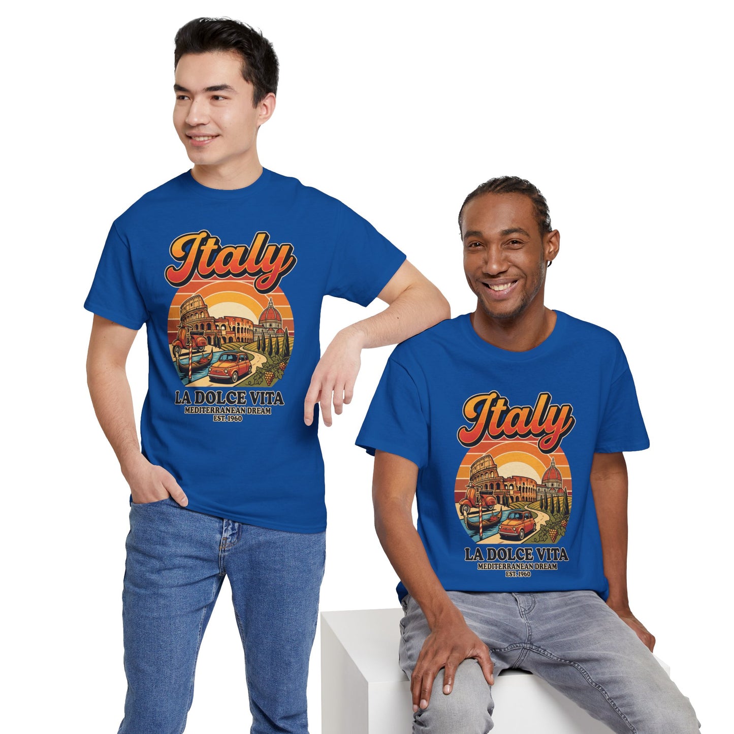 Royal blue crewneck t-shirt with Italy “La Dolce Vita” front graphic, worn on models